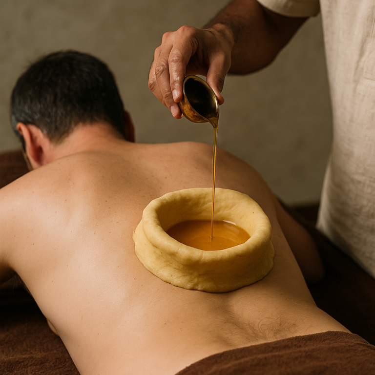 Kati Basti therapy with warm oil in a dough ring on the lower back, poured by a therapist